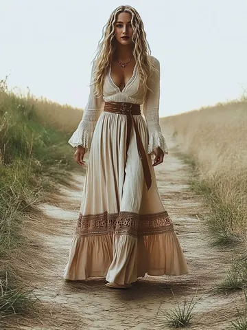 Abito Maxi da Donna Boemo con Scollo a V e Patchwork in Pizzo Maniche a Campana Abito Lungo Pieghettato per Vacanze Senza Cintura