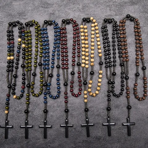 Vintage Lotus Wood Bead Hematite Rosary Necklace For Women Men Religious Cross Pendant Long Beaded Necklace Prayer Jewelry
