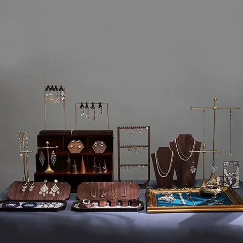 Vintage Walnut Wood Jewelry Display Stand Metal Earring Holder Necklace Showcase Ring Organizer Microfiber Storage Props