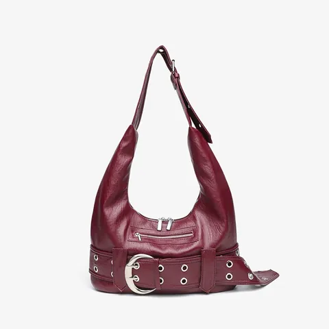 Vintage PU Leather Large Tote Bag Punk Locomotive Style Shoulder Handbag For Women Solid Color Commute Satchel Bag