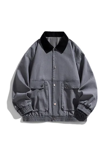 Men's American Retro Washed Cotton Workwear Jacket Contrast Corduroy Lapel Multi-Pocket Loose Casual Coat Plus Size
