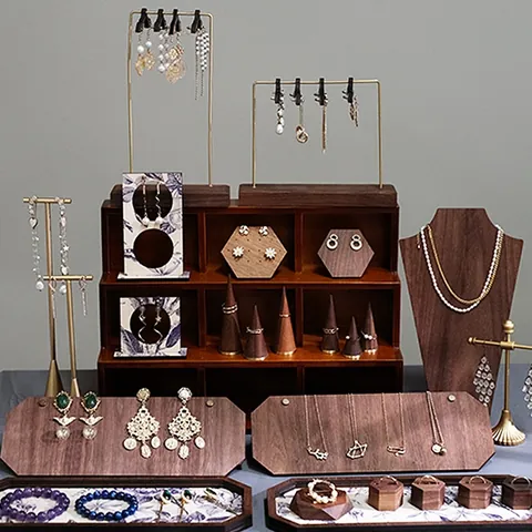 Vintage Walnut Wood Jewelry Display Stand Metal Earring Holder Necklace Showcase Ring Organizer Microfiber Storage Props