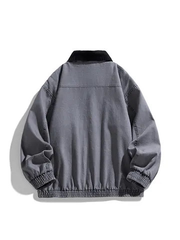 Men's American Retro Washed Cotton Workwear Jacket Contrast Corduroy Lapel Multi-Pocket Loose Casual Coat Plus Size
