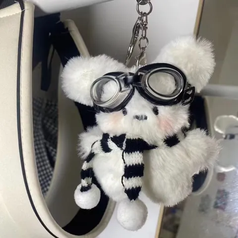 Cartoon Pilot Plush Bunny Keychain Pendant Cute Stuffed Animal Bag Charm Accessories For Women Girls Gift White