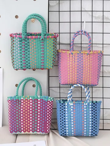 Women's Handwoven Plastic Straw Basket Bag Color-clashing Tote Handbag For Daily Shopping Beach Vacation Casual Top Handle Bag