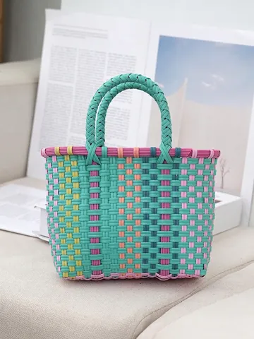 Women's Handwoven Plastic Straw Basket Bag Color-clashing Tote Handbag For Daily Shopping Beach Vacation Casual Top Handle Bag