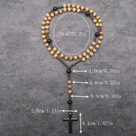 Vintage Lotus Wood Bead Hematite Rosary Necklace For Women Men Religious Cross Pendant Long Beaded Necklace Prayer Jewelry
