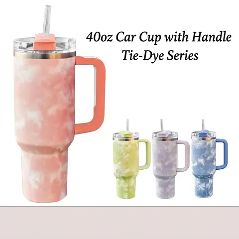 40oz Stainless Steel Vacuum Insulated Tumbler With Handle And Straw Tie Dye Marble Pattern Car Coffee Mug For Travel Home