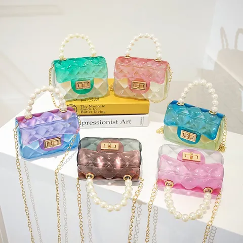 Mini Jelly Handbag For Women Gradient Color Quilted PVC Handbag With Artificial Pearl Handle Metal Chain Crossbody Bag