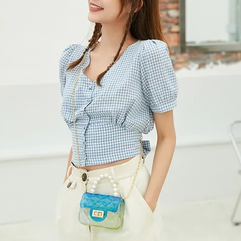 Mini Jelly Handbag For Women Gradient Color Quilted PVC Handbag With Artificial Pearl Handle Metal Chain Crossbody Bag