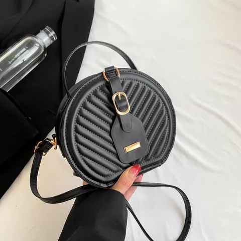 Fashion Women Quilted Round Crossbody Bag PU Leather Small Shoulder Bag Korean Style Solid Color Handbag with Top Handle