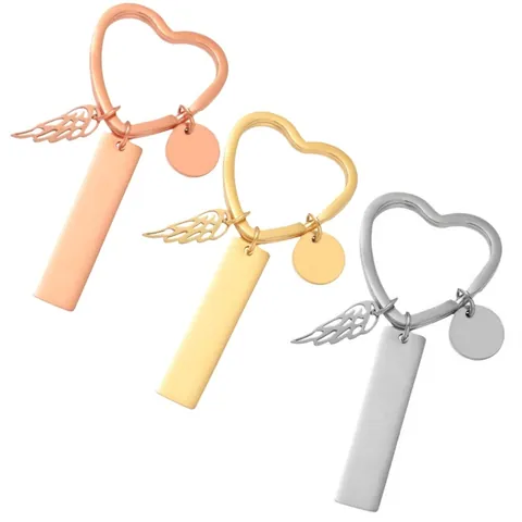 Stainless Steel Heart Wing Round Bar Keychain For Men Women Fashion Polished Metal Key Ring Pendant Daily Gift