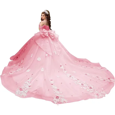 Schulterfreies Netz Abendkleid Luxuriöse 3D Blume Applikation Lange Schleppe Prinzessin Kleid Für Debütantinnen Party Damen