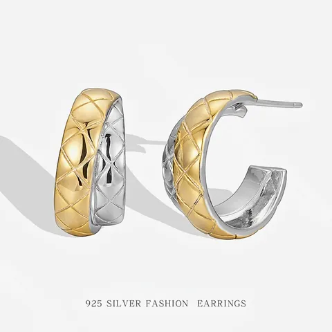 925 Sterlingsilber Gesteppte Creolen Für Damen Zweifarbige Vergoldete Minimalistische Geometrische Runde C-Form Ohrringe