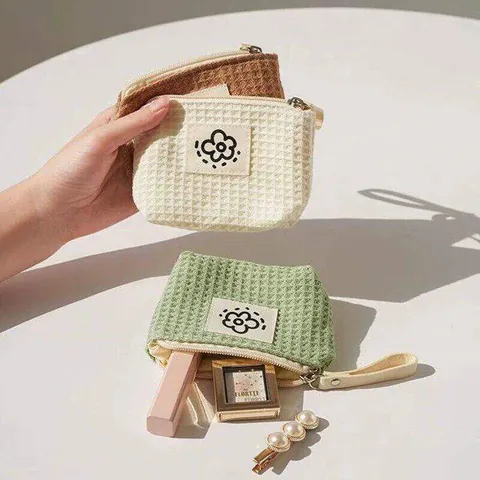 Simpatico Portamonete in Cotone a Nido d'Ape Con Toppa a Fiore Semplice Borsa Trucco Portatile Chiusura a Cerniera Mini Astuccio Donna