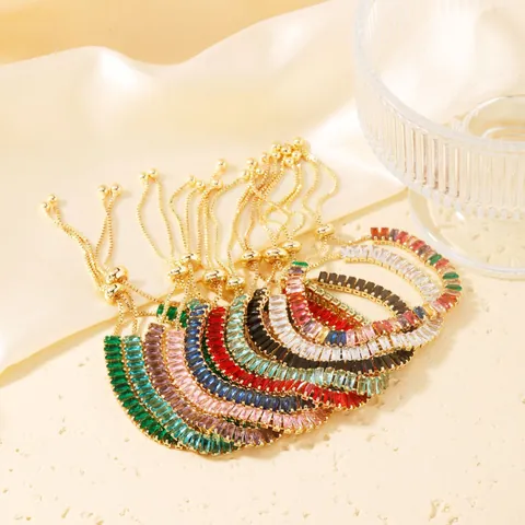 Hip Hop Verstellbares Kupferarmband Für Damen Vergoldetes Baguette Schnitt Zirkonia Bunte Strass Gliederkette Schmuck