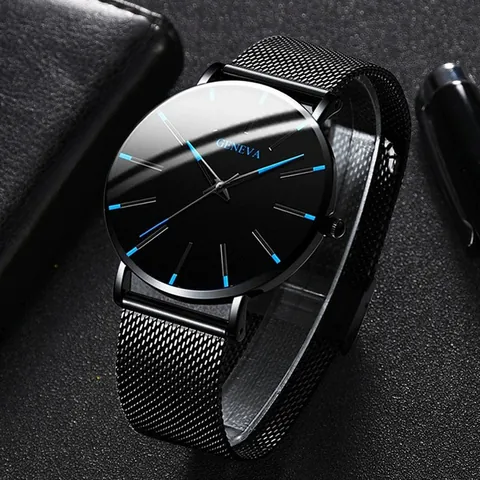 Men Fashion Quartz Watch Metal Mesh Band Leather Strap Minimalist Business Analog Wristwatch