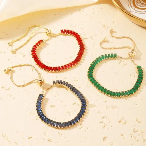 Hip Hop Verstellbares Kupferarmband Für Damen Vergoldetes Baguette Schnitt Zirkonia Bunte Strass Gliederkette Schmuck