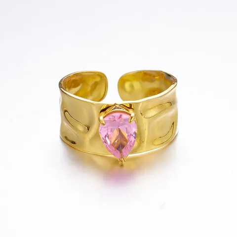Stainless Steel 18K Gold Plated Pink Heart Rhinestone Hammered Open Adjustable Ring For Women Niche Design Fashion Jewelry