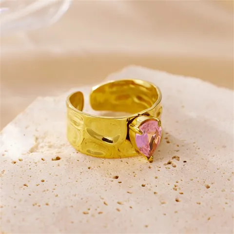 Stainless Steel 18K Gold Plated Pink Heart Rhinestone Hammered Open Adjustable Ring For Women Niche Design Fashion Jewelry