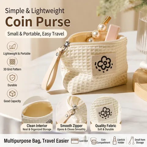 Simpatico Portamonete in Cotone a Nido d'Ape Con Toppa a Fiore Semplice Borsa Trucco Portatile Chiusura a Cerniera Mini Astuccio Donna