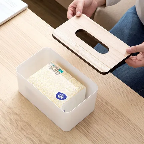 Modern Minimalistisch PP Tissuebox Met Bamboe Houten Deksel Rechthoek Desktop Servet Opbergdoos Voor Thuis Kantoor Decoratie