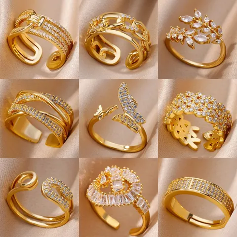 Luxury Copper Rhinestone Geometric Open Ring Multilayer Knot Adjustable Gold Finger Ring For Women Fashion Jewelry Gift