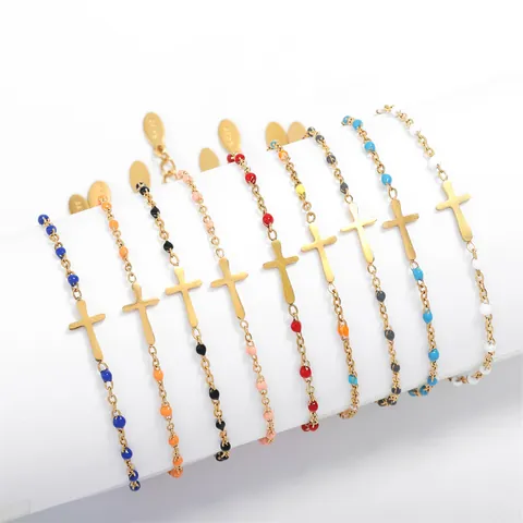 Elegante Bracciale a Croce in Acciaio Inossidabile per Donna Placcato Oro Perline in Smalto Catena a Maglie Cubane Regolabile Gioielli