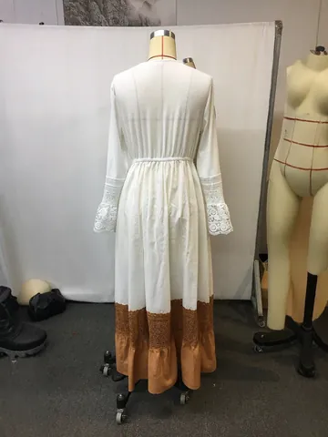 Abito Maxi da Donna Boemo con Scollo a V e Patchwork in Pizzo Maniche a Campana Abito Lungo Pieghettato per Vacanze Senza Cintura