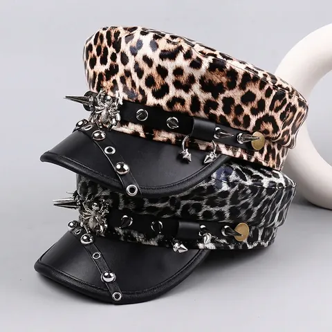 Punk Style PU Leather Flat Top Hat Leopard Print Military Cap With Silver Studs Chains For Cosplay Party Unisex Fashion Accessory