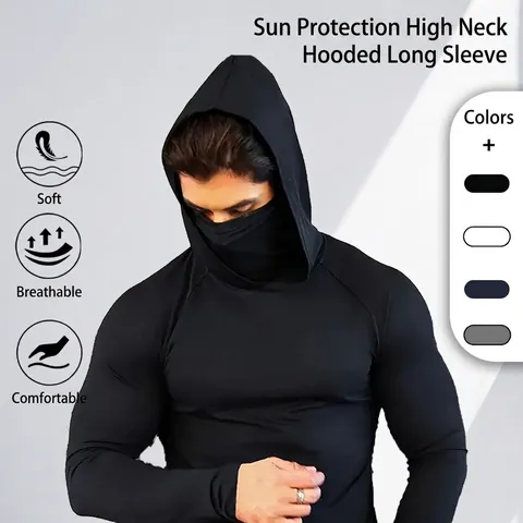 Men Sun Protection Fishing Hoodie With Mask Quick Dry Long Sleeve Compression Shirt Fitness Outdoor Active Top