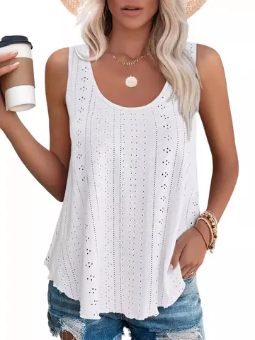Women Round Neck Sleeveless Tank Top Casual Loose Eyelet Hollow Out Embroidery Polyester Spandex Summer Basic Vest Top