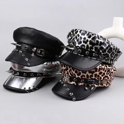 Punk Style PU Leather Flat Top Hat Leopard Print Military Cap With Silver Studs Chains For Cosplay Party Unisex Fashion Accessory
