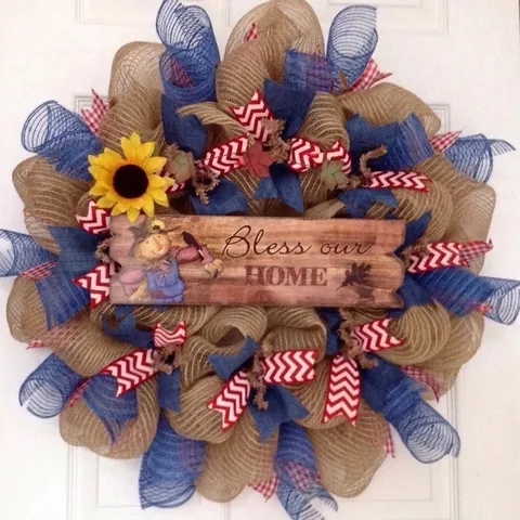 Fall Thanksgiving Wreath Harvest Pumpkin Maple Leaf Door Hanging Mesh Ribbon Sunflower Garland For Home Decor Party Decor