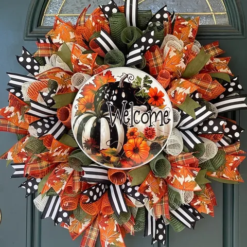 Fall Thanksgiving Wreath Harvest Pumpkin Maple Leaf Door Hanging Mesh Ribbon Sunflower Garland For Home Decor Party Decor