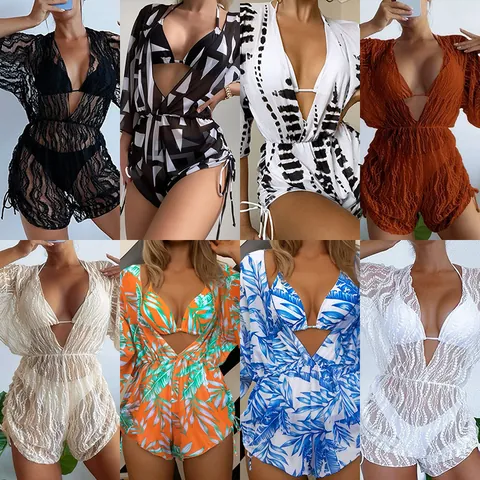 Conjunto de Bikini Sexy para Mujer Con Cubierta de Malla de Manga Larga Cintura Alta Ropa de Playa Estampada Traje de Baño Top Triangular Pantalón y Abrigo de Malla