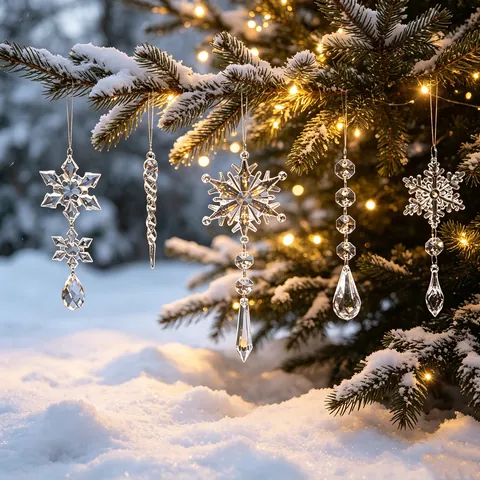 Transparent Plastic Christmas Hanging Ornaments Crystal Clear Ice Icicles Snowflakes Winter Holiday Xmas Tree Decorations