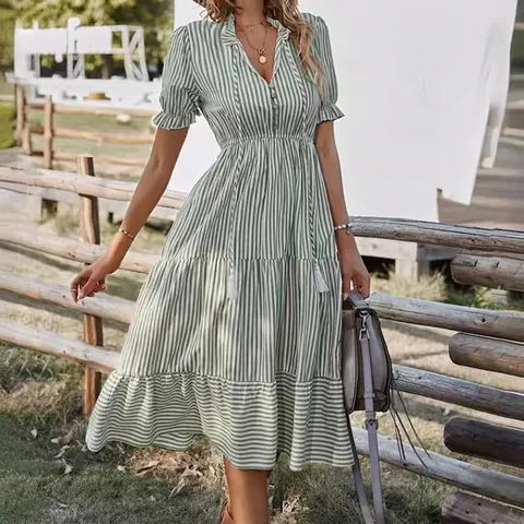 Women's Casual Striped Midi Dress Short Sleeve V-Neck Tiered Skirt Cotton Summer Beach Sundress Elegant Vacation A-Line Outfit