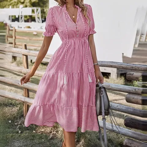 Women's Casual Striped Midi Dress Short Sleeve V-Neck Tiered Skirt Cotton Summer Beach Sundress Elegant Vacation A-Line Outfit