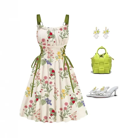 Abito da Donna Elegante con Stampa Resort Anello di Metallo Coulisse Senza Maniche Poliestere Floreale Cami Midi Abito Vintage Vacanza