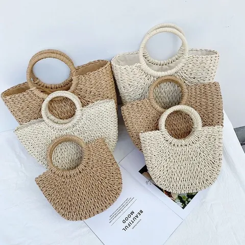 Women Handmade Woven Paper Straw Bag Artistic Minimalist Round Handle Summer Beach Vacation Shoulder Handbag With Scarf Decoration