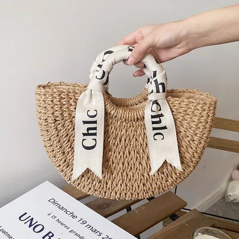 Women Handmade Woven Paper Straw Bag Artistic Minimalist Round Handle Summer Beach Vacation Shoulder Handbag With Scarf Decoration