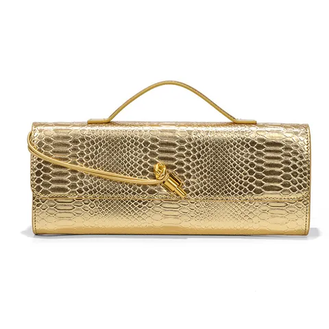 Women Snake Skin Baguette Clutch Bag With Metal Knot Buckle Retro Evening Handbag Shoulder Crossbody Bag For Wedding Party