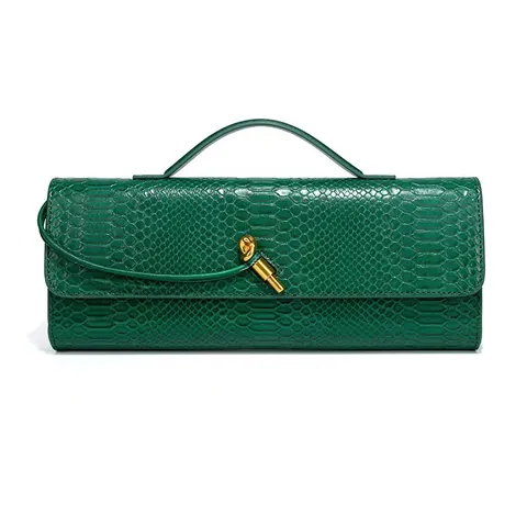Women Snake Skin Baguette Clutch Bag With Metal Knot Buckle Retro Evening Handbag Shoulder Crossbody Bag For Wedding Party