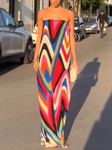 Sexy Strapless High Slit Maxi Dress For Women Vintage Abstract Geometric Wave Printed Tube Top Sleeveless Beach Long Dress
