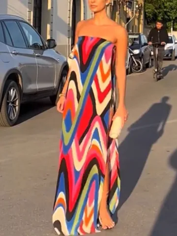Sexy Strapless High Slit Maxi Dress For Women Vintage Abstract Geometric Wave Printed Tube Top Sleeveless Beach Long Dress