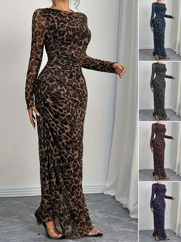 Abito Maxi da Donna Sexy con Stampa Leopardata a Rete Increspato Elegante Bodycon a Maniche Lunghe in Poliestere per Feste