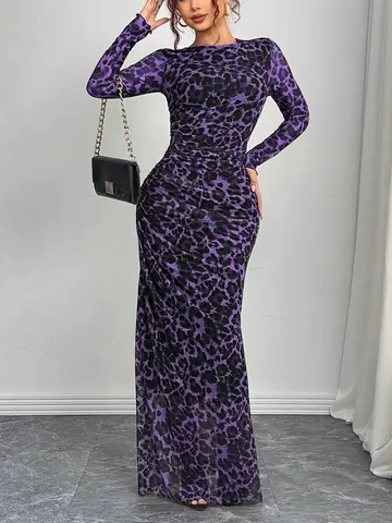 Abito Maxi da Donna Sexy con Stampa Leopardata a Rete Increspato Elegante Bodycon a Maniche Lunghe in Poliestere per Feste