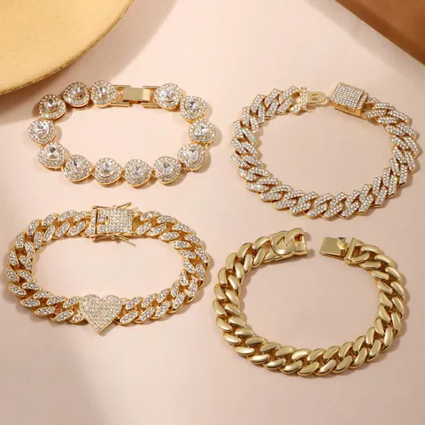 Luxury Heart Round Rhinestone Cuban Link Bracelet Set For Women Elegant Multi Layer Zinc Alloy Wrist Jewelry Party Gift