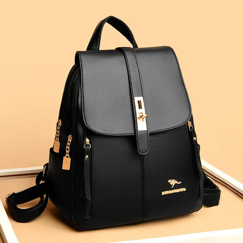 Women Korean Style PU Leather Backpack Large Capacity Lychee Pattern Gold Kangaroo Logo Fashion Commuter Travel School Bag